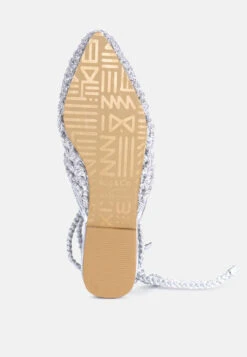 BARTSI Silver Handwoven Tie Up Flat Mules -Rag & Co Shop BARTSISilverHandwovenCottonTieUpMuleFlats RCSH2866 Silver 10