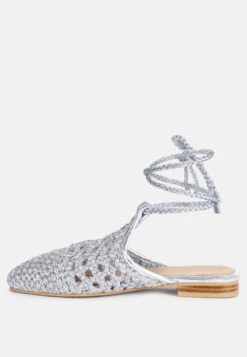 BARTSI Silver Handwoven Tie Up Flat Mules -Rag & Co Shop BARTSISilverHandwovenCottonTieUpMuleFlats RCSH2866 Silver 2