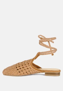 BARTSI Tan Handwoven Tie Up Flat Mules -Rag & Co Shop BARTSITanHandwovenCottonTieUpMuleFlats RCSH2866 Tan 3