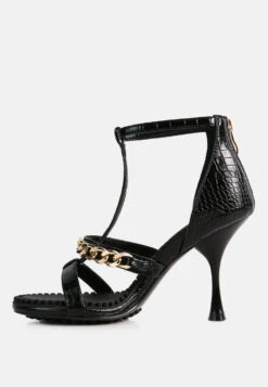 DAKOTA Metal Chain Embellishment Sandals In Black -Rag & Co Shop DAKOTABlackMetalChainMidHeelSandals RCSH3144 Black 3