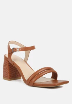 EDYTA Ankle Strap Block Heel Sandals In Tan