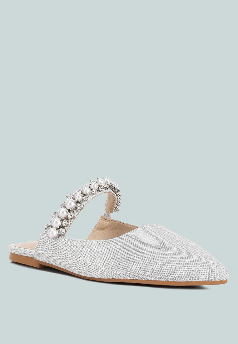 GEODE Pearl Embellished Slip On Mules In Silver 3 GEODE Pearl Embellished Slip On Mules In Silver