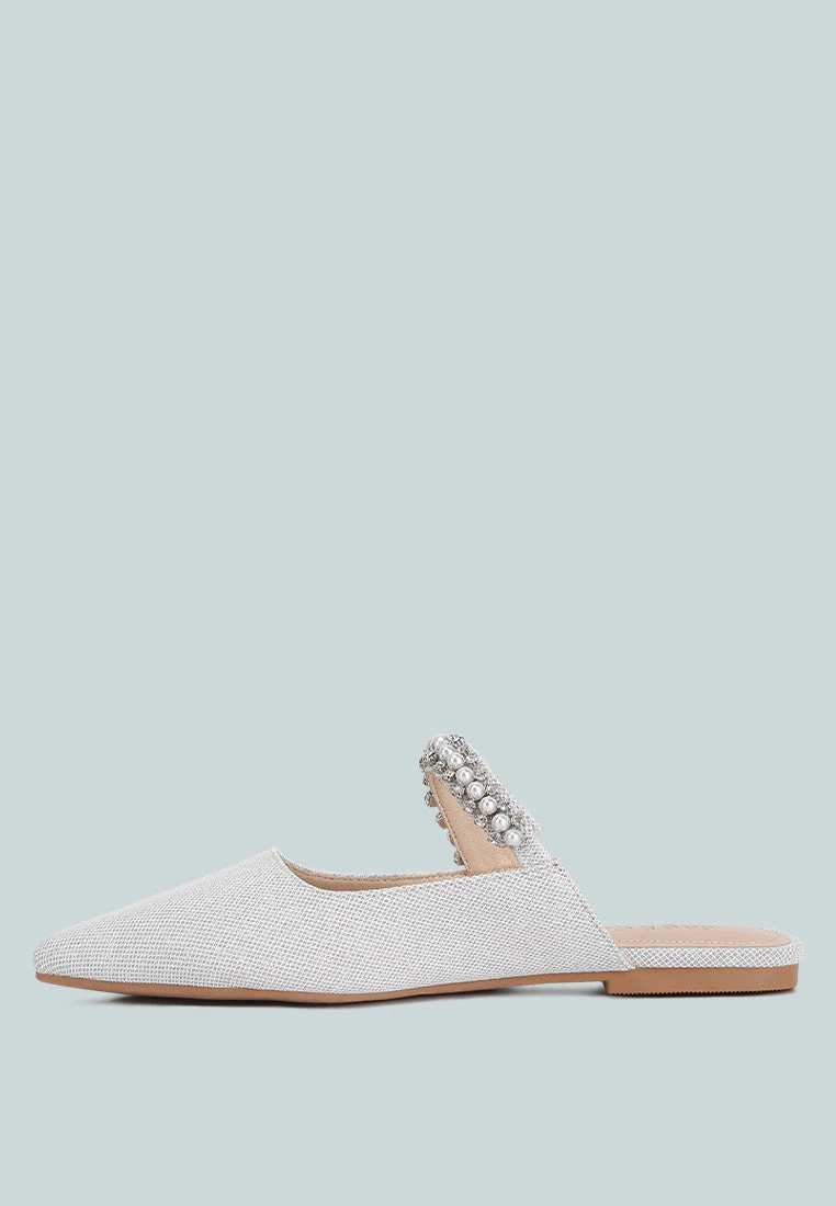 GEODE Pearl Embellished Slip On Mules In Silver 6 GEODE Pearl Embellished Slip On Mules In Silver - Image 4