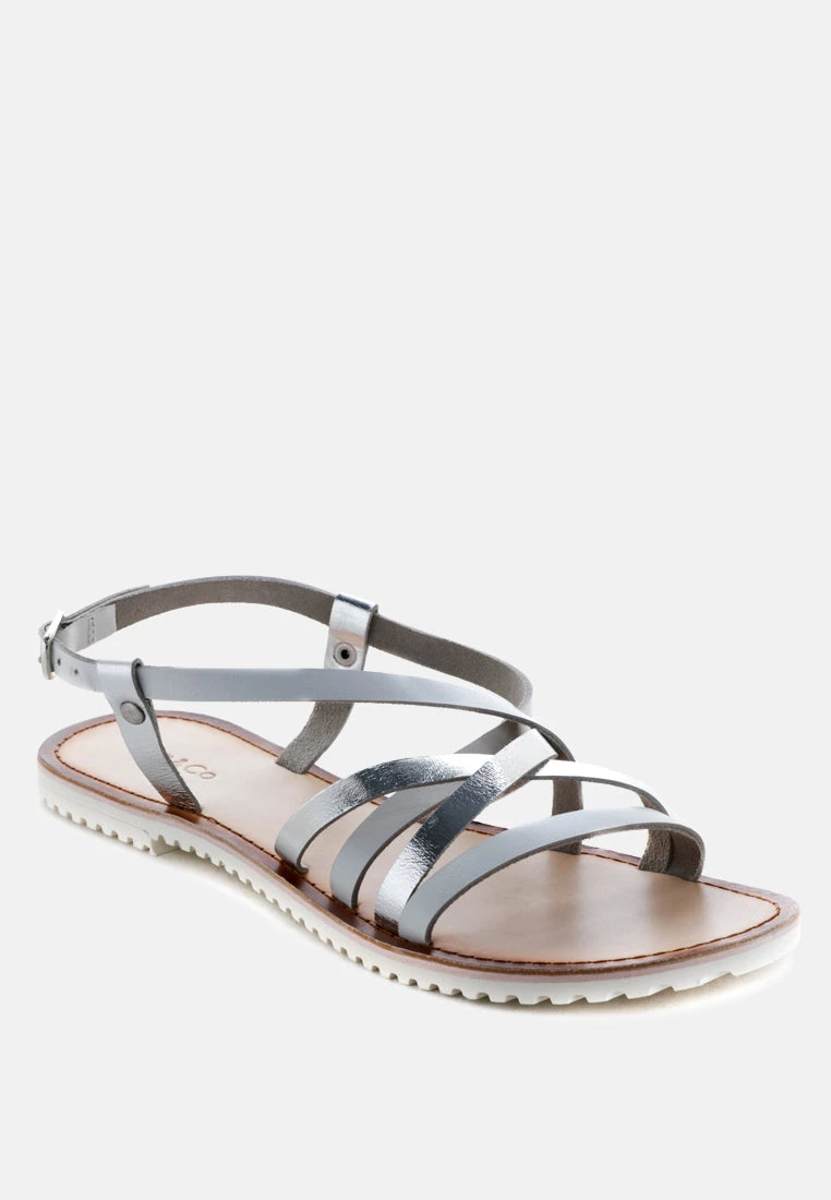 JUNE Silver Strappy Flat Leather Sandals 3 JUNE Silver Strappy Flat Leather Sandals