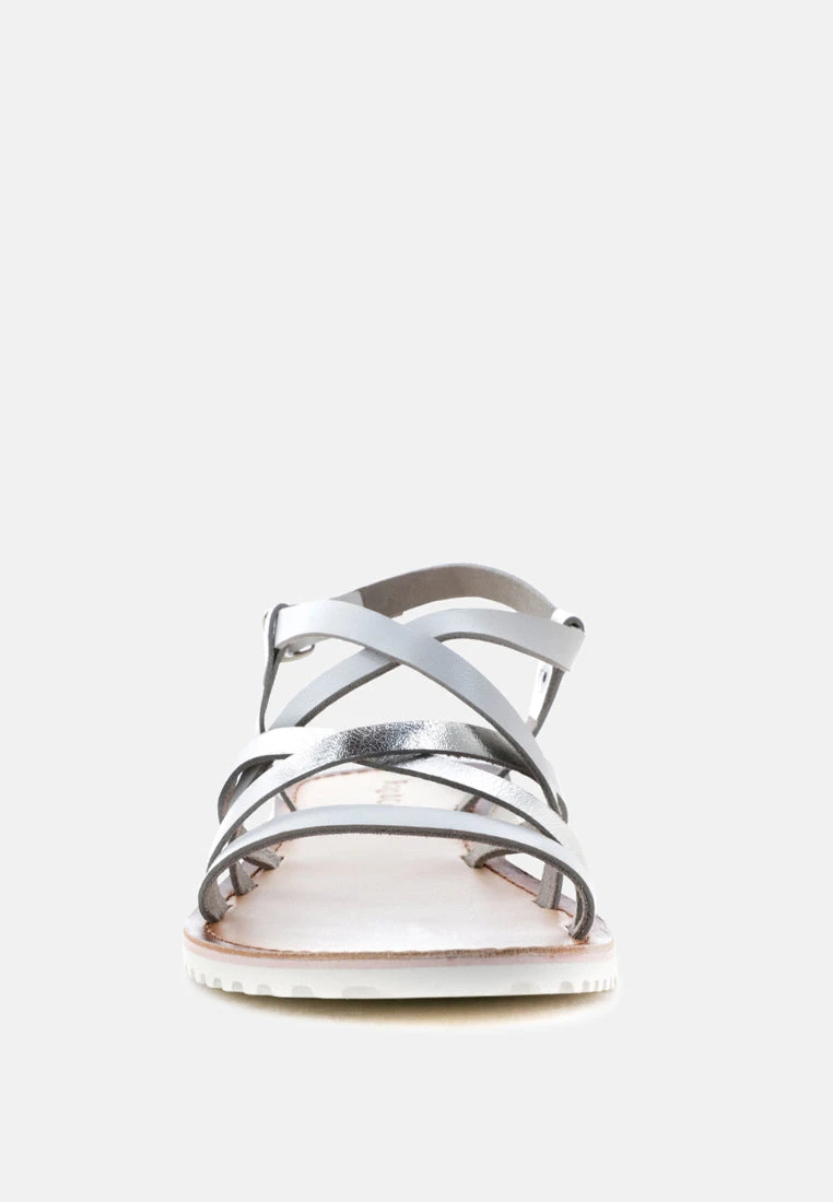 JUNE Silver Strappy Flat Leather Sandals 5 JUNE Silver Strappy Flat Leather Sandals - Image 3