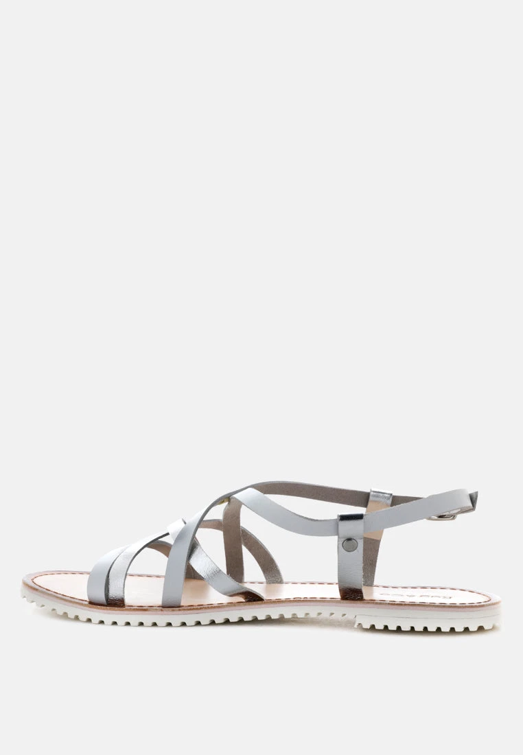 JUNE Silver Strappy Flat Leather Sandals 6 JUNE Silver Strappy Flat Leather Sandals - Image 4