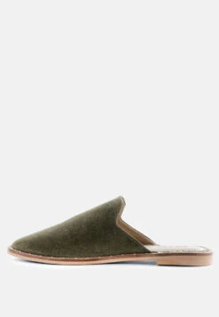 LIA Khaki Green Handcrafted Suede Mules -Rag & Co Shop LIAKhakiGreenCanvasMules RCSH1872 Green 13