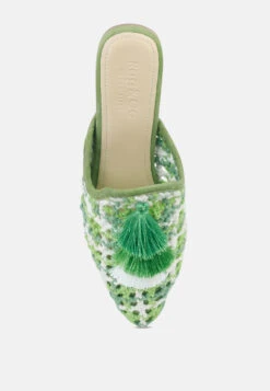 MARIANA Green Woven Flat Mules With Tassels 14 MARIANA Green Woven Flat Mules With Tassels -Rag & Co Shop MARIANAGreenWovenFlatMulesWithTassels RCSH2028 Green 7