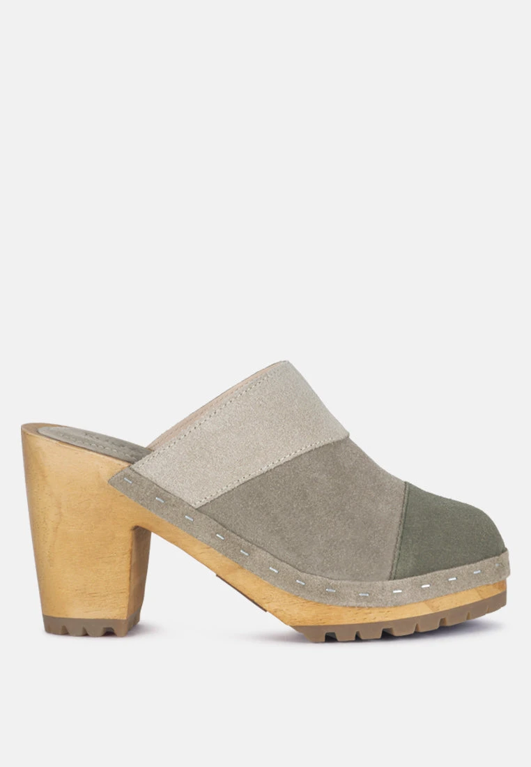 OCHROMA Vintage Patchwork Suede Mule Clogs In Olive - Image 2