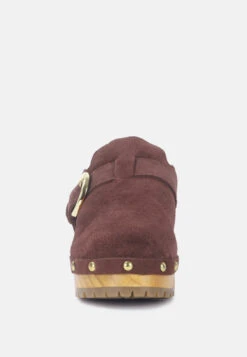 PRUNUS Brown Buckled Suede Round Toe Mule Clogs -Rag & Co Shop PRUNUSBrownBuckledSuedeRoundToeMuleClogs RCSH2784 Brown 5