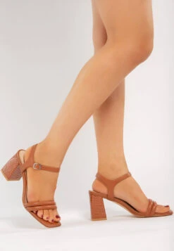 EDYTA Ankle Strap Block Heel Sandals In Tan -Rag & Co Shop RCSH4171 Tan