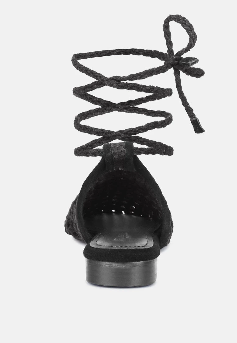 TUTSI Black Handwoven Honeycomb Tie Up Flat Mules 7 TUTSI Black Handwoven Honeycomb Tie Up Flat Mules - Image 5