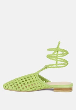 TUTSI Green Handwoven Honeycomb Tie Up Flat Mules -Rag & Co Shop TUTSIGreenHandwovenHoneycombCottonTieUpMuleFlats RCSH2867 Green 3