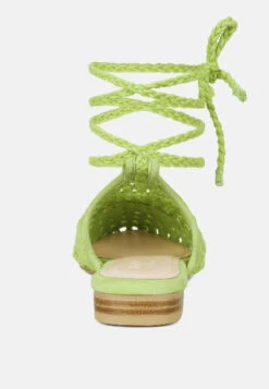 TUTSI Green Handwoven Honeycomb Tie Up Flat Mules -Rag & Co Shop TUTSIGreenHandwovenHoneycombCottonTieUpMuleFlats RCSH2867 Green 6