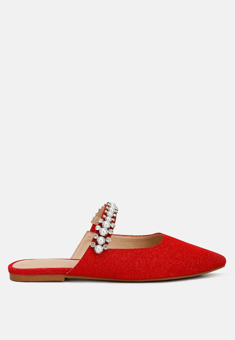 GEODE Pearl Embellished Slip On Mules In Red 4 GEODE Pearl Embellished Slip On Mules In Red - Image 2