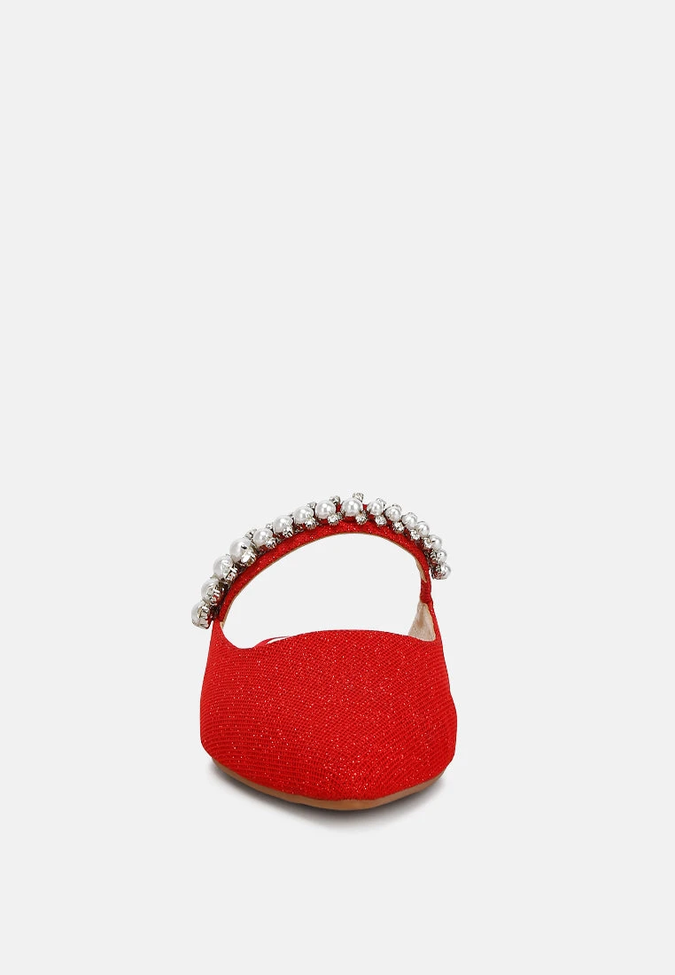 GEODE Pearl Embellished Slip On Mules In Red 5 GEODE Pearl Embellished Slip On Mules In Red - Image 3