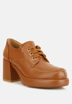 ZAILA Leather Block Heel Oxfords In Tan